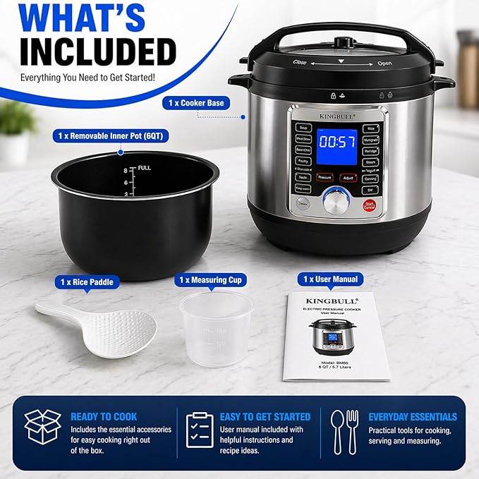 KINGBULL 14-in-1 Electric Pressure Cooker 6 Quart, Stainless Steel Multi Cooker with LCD Display, Slow Cooker, Rice Cooker, Steamer, Sauté, Yogurt Maker, Warmer, DIY Mode, Black