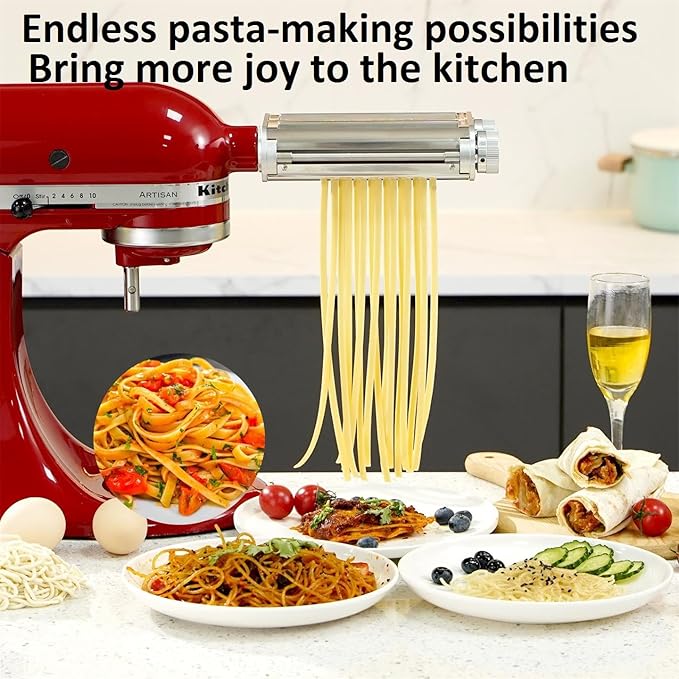 FavorKit 3 in 1 Pasta Maker Attachment Set for KitchenAid Mixers Plus Hub Knob Screw Accessory Included Dough Sheet Roller, Noodle Spaghetti & Fettuccine Cutters-Unique Design