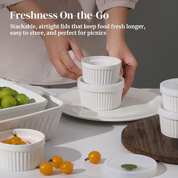DOWAN Ramekins with lids 6 oz, Creme Brulee Ramiken Oven Safe, Ceramic Baking Bowls Souffle Dishes, Custard Cups Charcuterie Boards Bowls Dipping Sauces, Set of 6, White