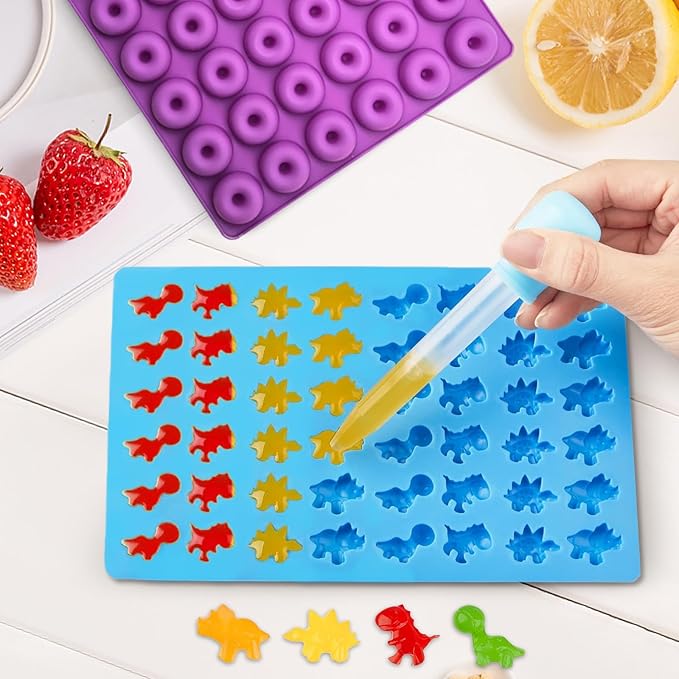 Gummy Candy Molds - Silicone Gummy Dinosaur/Donut/Small Hearts Shapes/Bear Mold with 2pcs Dropper,Non-stick and Bpa Free for Mini Candy Chocolate Gummies Baking