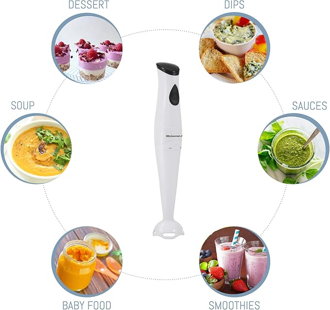 Elite Gourmet EHB-2425X Electric Immersion Hand Blender Stick, Mixer, Chopper, 1-Touch Control Multi Purpose, 150 Watts, For Soups, Sauces, Baby Food, White