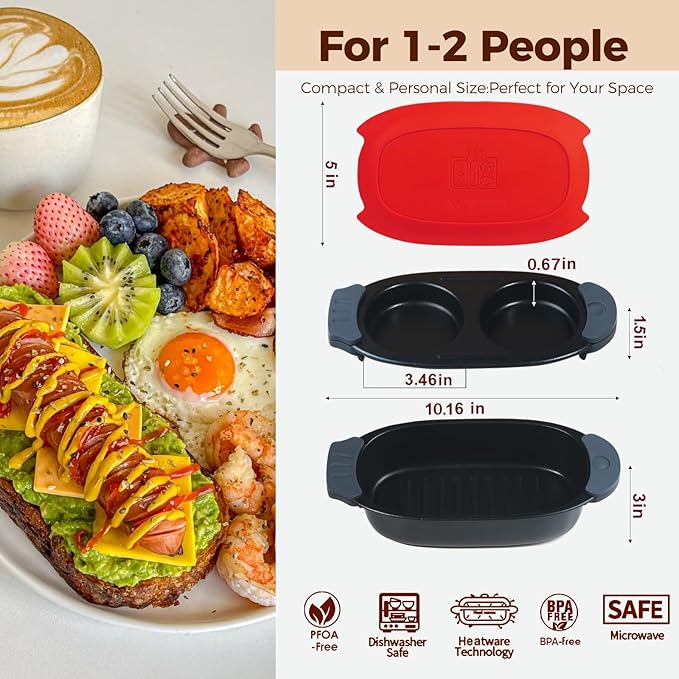 MKYSAIL Quick-Heat Microwave Egg Cooker and 33 OZ Microwave Grill Combo | 2-Piece Breakfast Maker Set for Grilling, Frying, Crisping Meat, Bacon, Pancakes & Veggies | Dishwasher Safe & Non-Stick for Kitchen RV, Dorm, Office(Red)