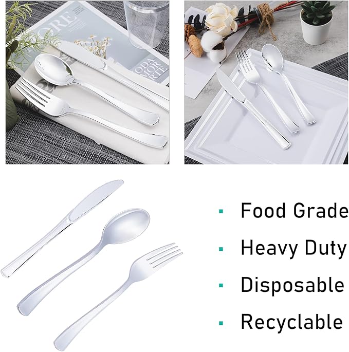 N9R 300PCS Silver Plastic Silverware Set, 100 Forks, 100 Spoons, 100 Knives, Heavy Duty Disposable Cutlery for Parties, Fancy Disposable Flatware for Weddings, and Daily Use