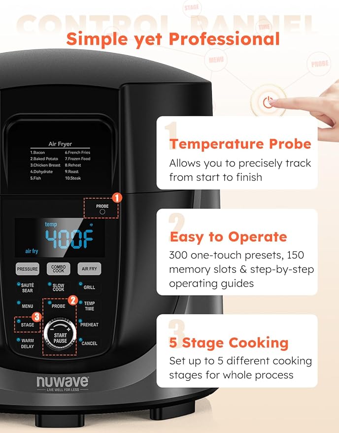 Nuwave Duet Electric Pressure Cooker & Air Fryer Combo, 450 IN 1 Slow Cooker & Grill with Integrated Digital Temp Probe, 6qt SS Pot, Adjustable High/Low Pressure, Built-in Sure-Lock Safety Tech