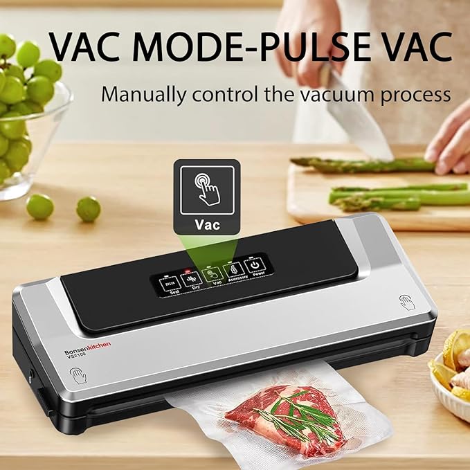 Bonsenkitchen Vacuum Sealer Machine, Fast-Compact Food Sealer, Multi-Functional Food Vacuum Sealer with 5 Vacuum Bags & Accessory Hose, Technology for High-Speed Continuous Working, Silver