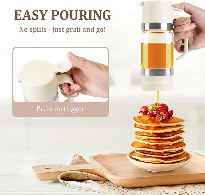 Aelga Honey Dispenser, Honey Dispenser No Drip 9 oz Glass Honey Jar with Handle & Base, Easy Pour Syrup Dispenser, No-Mess for Coffee, Tea, Waffles & Desserts, White