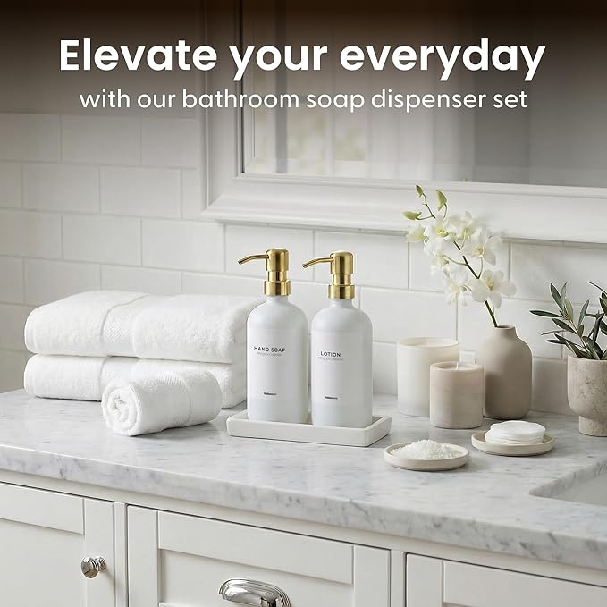 MaisoNovo Soap and Lotion Dispenser Set - Bathroom Soap Dispenser Set with White Soap Dispenser, Gold Pumps & Ceramic Tray