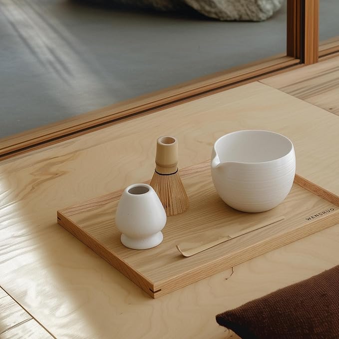 Matcha Whisk Set, Ceramic Matcha Bowl & Whisk Holder, Bamboo Accessory, Modern Design (White, Pouring Spout)