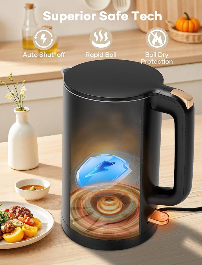 Electric Kettle, Double Wall 1.7L Stainless Steel Cool Touch, Water Boiler & Heater, 1500W Hot Tea Pot, Boil Dry Protection & Cordless Base, BPA-Free, Black
