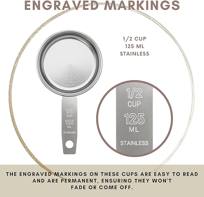1/2 Cup Stainless Steel Measuring Cup | Sturdy Metal 125 ml | 125 cc | 4 oz | Single Cup for Wet and Dry Ingredients | Great for use as 1/2 Cup Dog Food Scoop - 1 PK