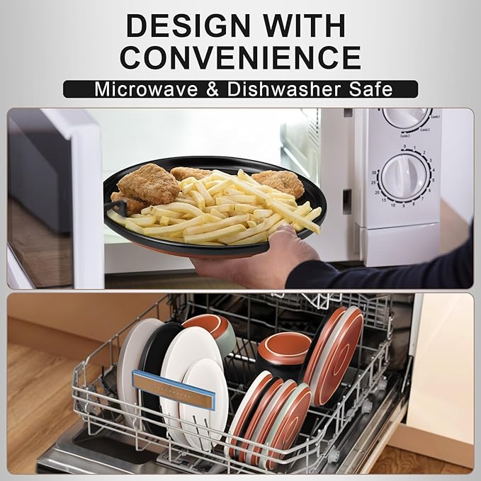 E-far 12-Piece Stoneware Plates and Bowls Sets, Dinnerware Sets for 4, Ceramic Dishware Dishes Set with Terracotta Base, Chip & Scratch Resistant, Microwave & Dishwasher Safe, Matte Black