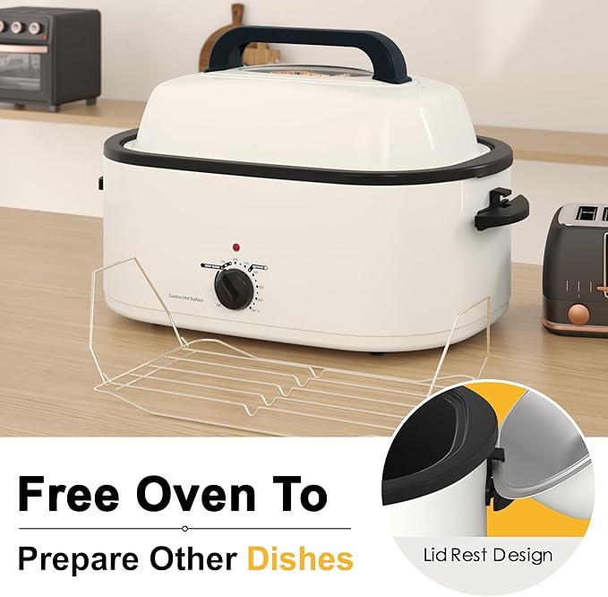 RoyalCraft 24-Quart Electric Roaster Oven with Visible Self-Basting Lid, Turkey Roaster Oven with Removable Pan and Rack, Perfect for Large Meals and Holiday Feasts, White
