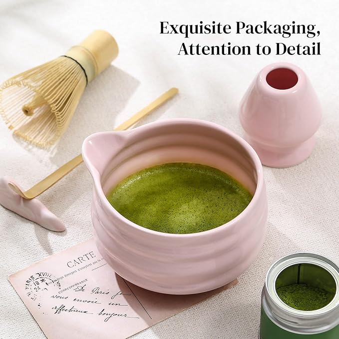DOWAN Matcha Whisk Set, 7 Pcs Matcha Set Includes Bowl with Spout, Whisk and Holder, Bamboo Scoop and Holder, Sifter and Tea Towel - 7 Pcs Matcha Kit Gift for Lovers Beginners, Christmas (Pink)
