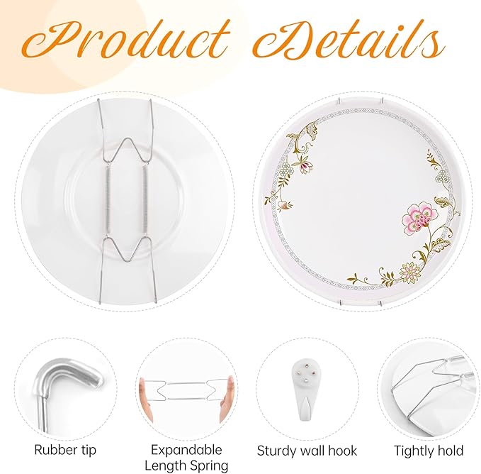 Bilillo 14 pcs Plate Hangers for The Wall, 4/6/8/10/12 Inch Invisible Plates Hangers, Stainless Steel Plate Wall Holders for Display Various Sizes with Hooks for Decorative Silver