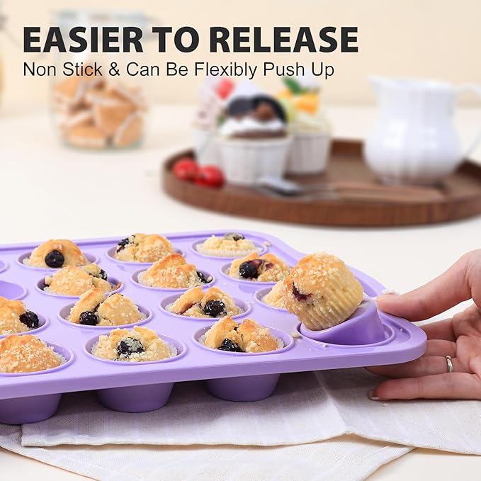 Mini Silicone Muffin Pan with Metal Frame, Non Stick Silicone Cupcake Pan with Handles 24 Cup, BPA Free Silicon Muffin Tin Tray Small for baking, egg bites, Cupcake Mold Purple