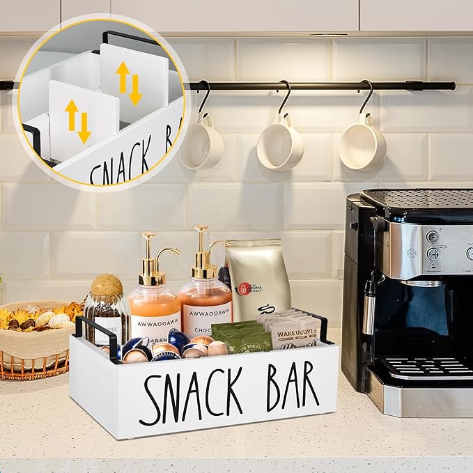 Snack Organizer for Countertop, Wood Pantry Storage Bins with Handles, Snack Bar Organizer for Pantry Shelf, Kitchen, 4 Compartment Food Container Snack Box, Pantry Organizer for Snacks, Chips