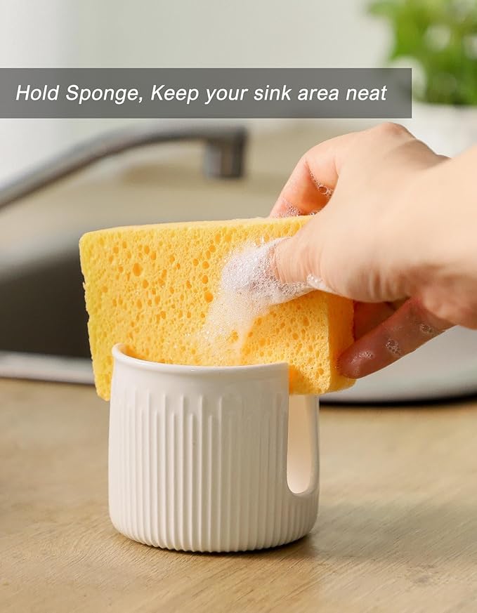Ceramic Sponge Holder for Kitchen Sink, Scrub Sponge Dish Rack, Farmhouse Compact Sink Caddy Organizer, Classic White