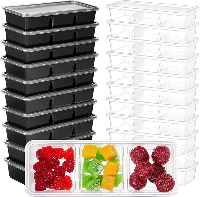 Hushee 10 Pack 17 oz Small Meal Prep Containers with 3 Compartments Snack Containers with Lid Disposable Plastic Bento Box Travel Lunch Food Boxes Stackable for Office Picnic (Black,Clear)