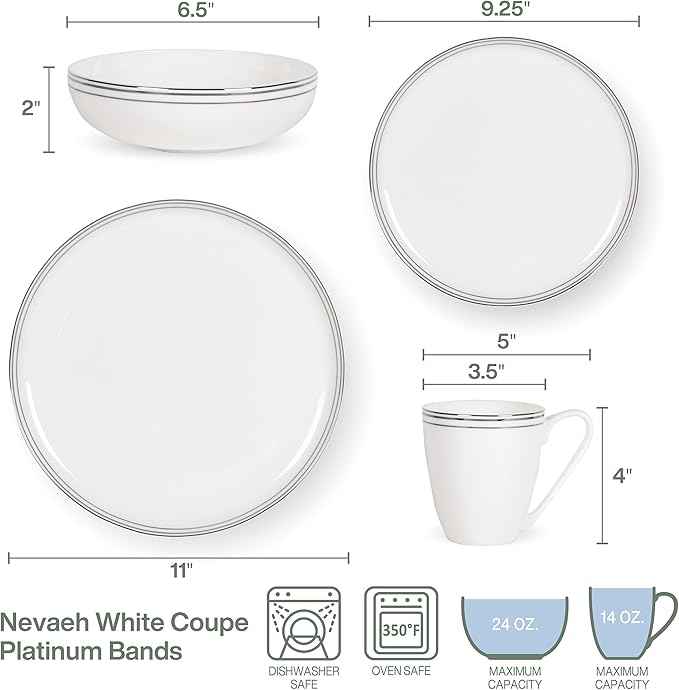 Everyday White by Fitz and Floyd Nevaeh Bone China Coupe Platinum Bands Dinnerware Set, Service for 4
