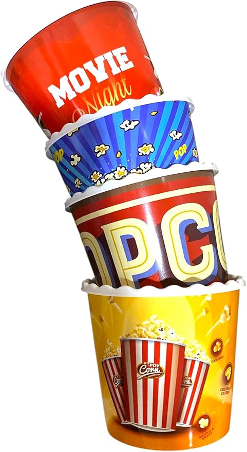 Modern Style Reusable Plastic Popcorn Box/Popcorn Containers/Popcorn Bowls Set for Movie Theater Night - (BPA Free - 4 Pack - 75 oz) (Popcorn Mix C)