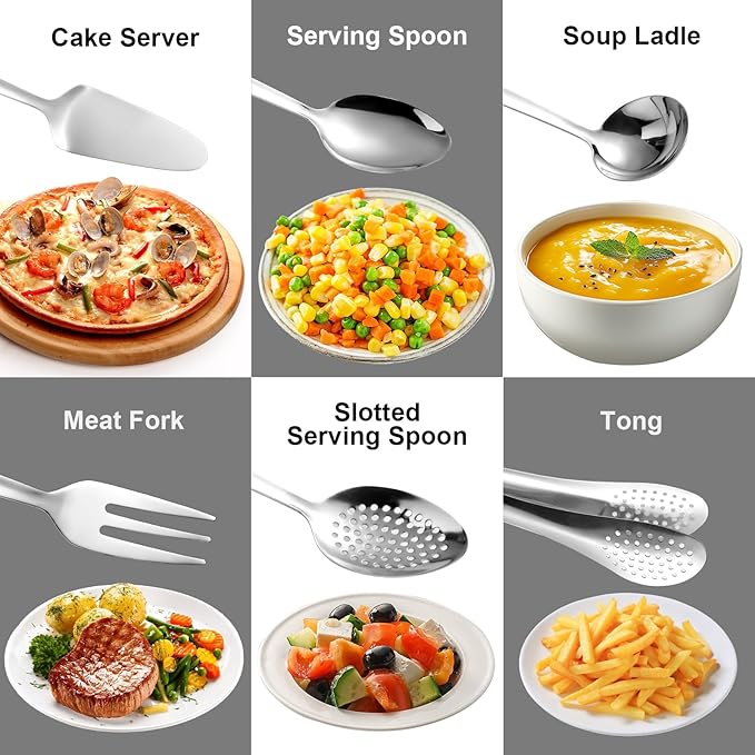 6 PCS Stainless Steel Serving Utensils, 10 Inch Serving Spoons for Buffet Large Hosting Metal Spoons, Silverware Set Tongs for Serving Food Parties Catering