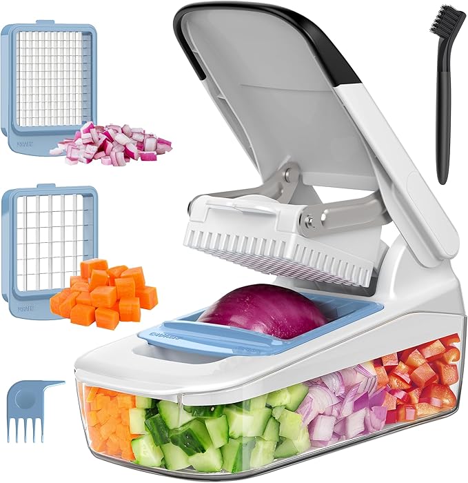 MR.SIGA Vegetable Chopper with Container, 2 in 1 Manual Hand Food Chopper with 2 Stainless Steel Chopping Blades for Potato Strips, Onion Cubers, Carrot Sticks, White & Black