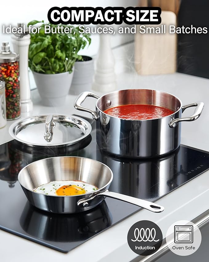 Cooks Standard Multi-Ply Clad Stainless Steel Butter Warmer Set, Mini Cookware Duo Set, Stainless Steel Butter Melting Pots, Fry Pan 4.7 Inch & Casserole 0.68 Qt, Mini Pot and Pan, 3 Pieces, Silver