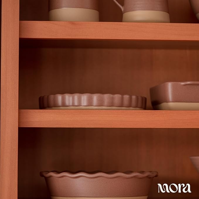 MORA Ceramic Tart Pan, 9.5 Inch Large Porcelain Baking Dish for Tarts, Quiche, Pie, Flan etc. Fluted Ruffled Edge, Oven, Microwave, Freezer, and Dishwasher safe - Great Gift For Bakers - Teracotta