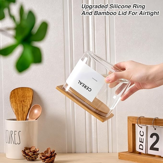 Glass Storage Jars with Bamboo Lids, 50oz Square Food Storage Containers for Kitchen Pantry Organization, Storage Canisters with Labels for Cereal Flour Beans Tea, Large Spice jars Seasoning Bottles