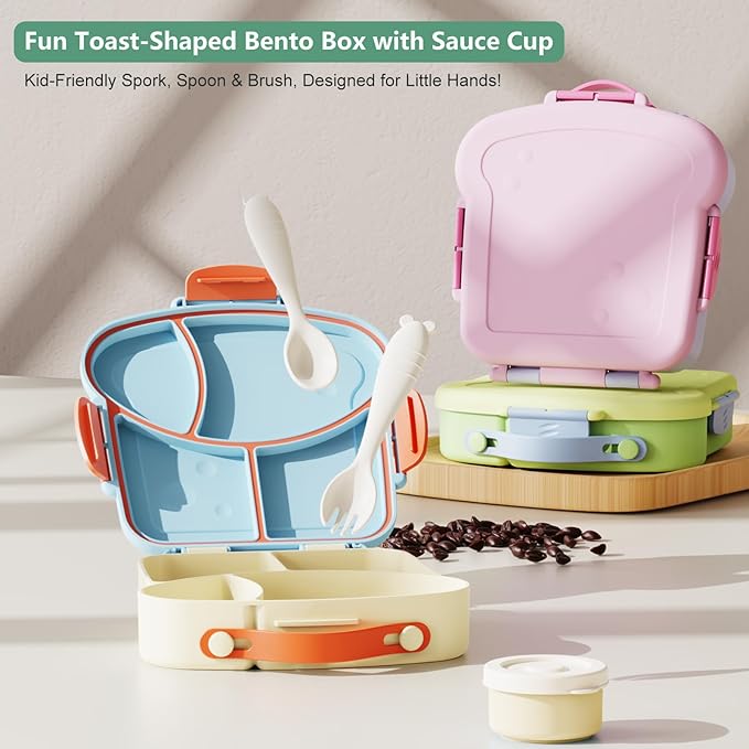 Kids Bento Lunch Box - Toast-Shaped 4-Compartment Lunchable Food Container with Sauce Cup, Utensils & Brush, BPA-Free, Reusable Snack Container with lid, Ideal for School & Travel - Blue