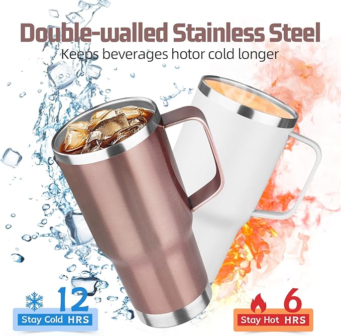 20 oz Tumbler with Handle Stainless Steel Insulated Coffee Tumbler with Lid and Straw Double Wall Vacuum Insulated Coffee Mug Leak Proof Travel Mug Tumbler for Hot and Cold Drink (Rose Gold,1pack)