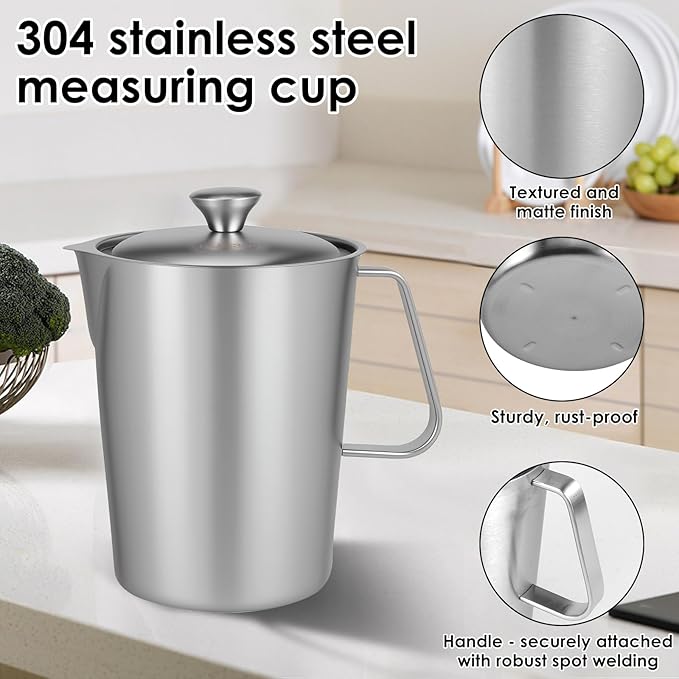 2 L Stainless Steel Pitcher with Lid, 70 OZ Large Metal Measuring Cup with Marking & Handle, Large Mouth Graduated Beakers, Milk Frothing Jug Metal Pitcher for Coffee Latte Art, Hot/Cold Water