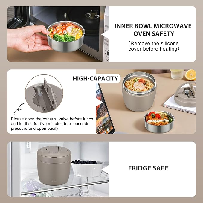 wiwens Thermo Food Jar for Hot Food Adults 32OZ Soup Thermo Lunch Containers Wide Mouth Vacuum Insulated Stainless Steel Leakproof Bento Box with Spoon (Khaki)