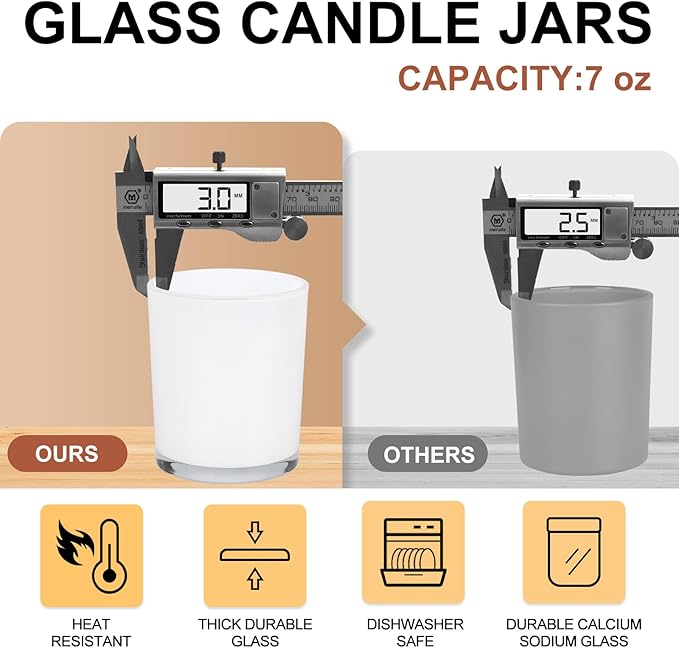 Thick Candle Jars for Making Candles 12 Pcs, 7 OZ Empty Jars with Wood Lids for Candle Making, Sample Container, White