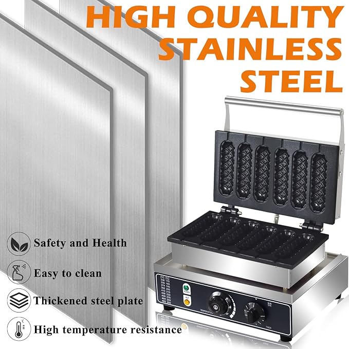 Commercial Corn Dog Waffle Maker,1600W Lolly Stick Waffle Maker,6 Slice Non-Stick,Stainless Steel Corn Hot Dog Waffle Iron with Temp and Time Control, for Restaurant Bakery Snack Bar Family.