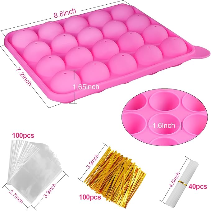 Silicone Cake Pop Mold Set - 2 Pack Lollipop Molds Kit with 40 Cake Pop Sticks, 100 Candy Treat Bags, and 100 Gold Twist Ties, Great For Chocolate Lollipop, Candy, Cake Pops