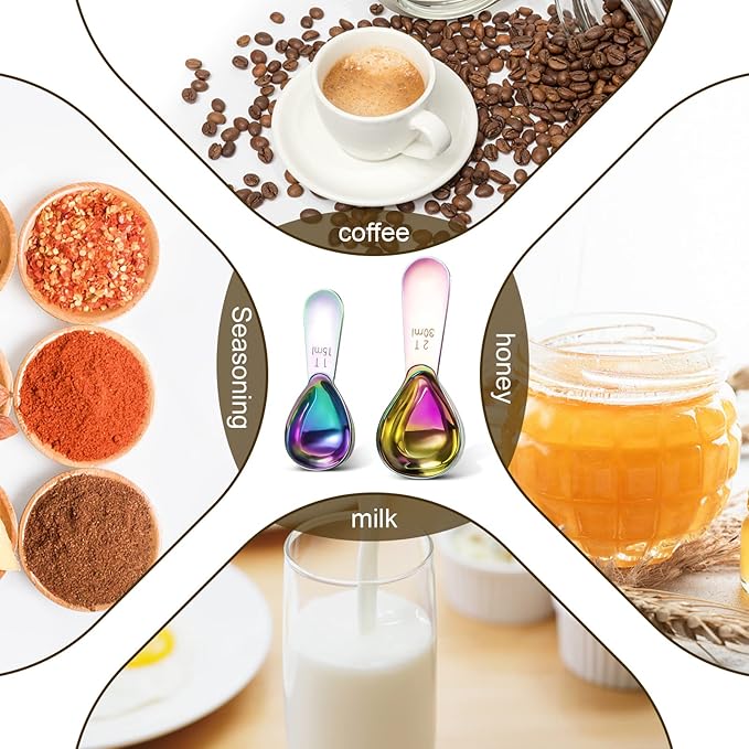 Safring Stainless steel coffee scoop 2-piece set (1 tbsp, 2 tbsp) durable Tablespoon, ergonomic measuring spoon, Suitable for small and large jars，short-handled spoon (colored)