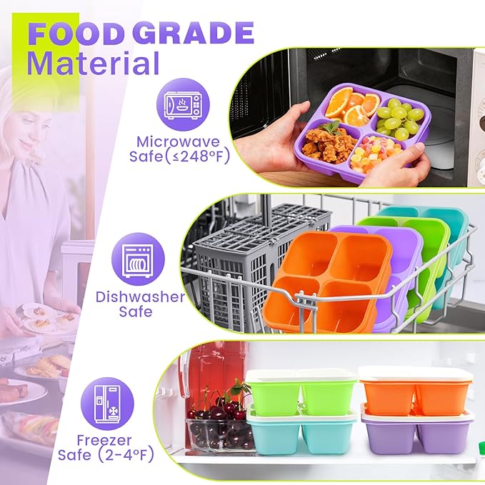 4 Pack Snack Containers Bento Box Adult Lunch Box,Meal Prep Container, Reusable Food Storage lunch Containers Stackable for Work, Travel and Gym (Orange, Green, Purple, Grass Green)