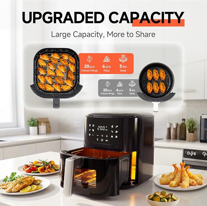QIDO Air Fryer 8-in-1 with 5.5 QT Capacity,180°-450°F Precision Heating, AirFry, Roast, Broil, Reheats,Dehydrates, Easy-View Window, Features Shake Reminder, Large Touch Display with Auto Menus, Black