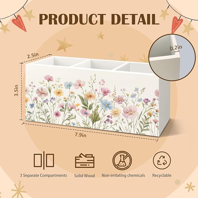 Rustic Wildflower Wooden Utensils Holder, Watercolor Nature Wild Flower Botanical Wood Cooking Utensil Holder Organizer for Kitchen Countertop Counter Decor