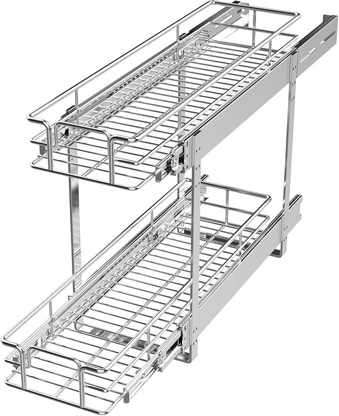 LOVMOR 2 Tier Individual Pull Out Cabinet Organizer 7½" W x 21½" D, Slide Out Kitchen Cabinet Storage Sliding Shelves