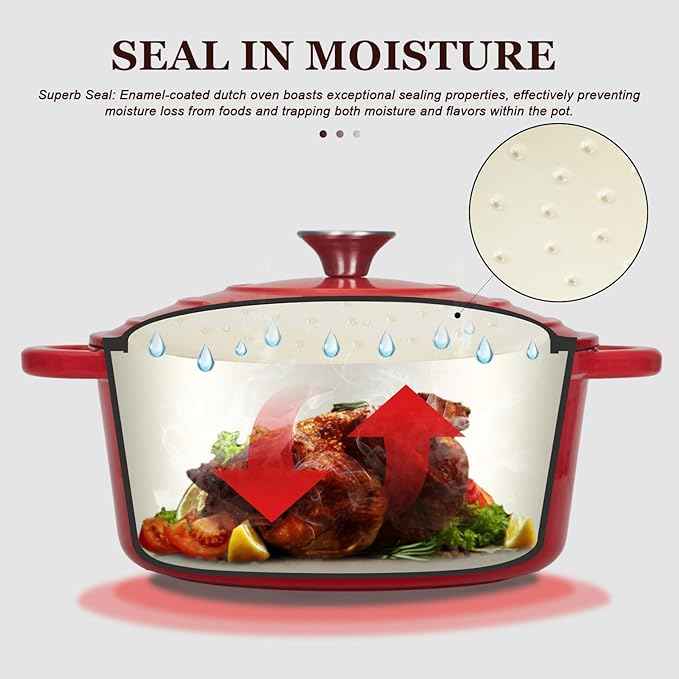 Overmont Enameled Cast Iron Dutch Oven - 4.5QT Pot with Lid Cookbook & Cotton Potholders - Heavy-Duty Cookware for Braising, Stews, Roasting, Bread Baking red