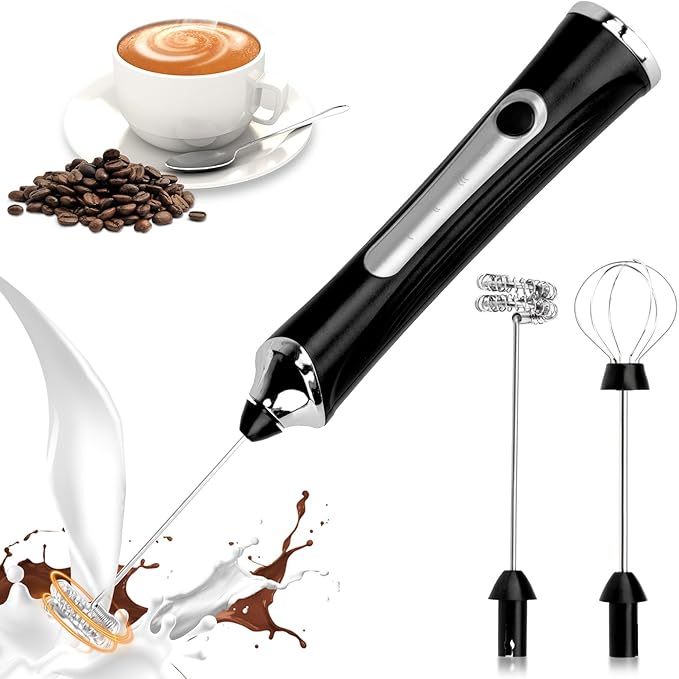 TonJin Milk Frother USB-C Rechargeable Handheld Frother Wand with 2 304 Stainless Whisks, New Upgraded 3 Speeds Coffee Whisk Frother Electric Drink Mixer for Lattes, Cappuccino, Egg, Matcha, Black