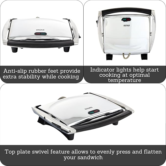 IMUSA 12x10in Stainless Steel Electric Panini Press with Temperature Control, Nonstick Plates for Sandwiches, Grilled Paninis, Quesadillas, and More