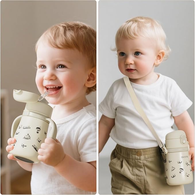Evorie 11oz Leak Proof Vacuum Insulated Stainless Steel Sippy Cup for Toddlers (1 Pack, Travel in Space) + Replacement Straw Set Bundle