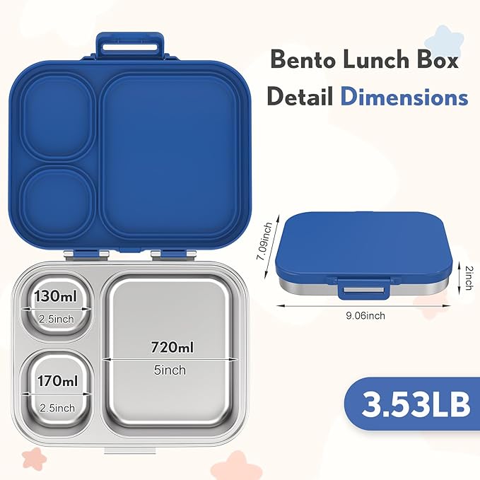 Howeemo Stainless Steel Bento Box Kids, Leak Proof Metal Bento Lunch Box,3 Compartments 304 Stainless Steel Bento Lunch Containers for School and Office, BPA-Free(Blue)