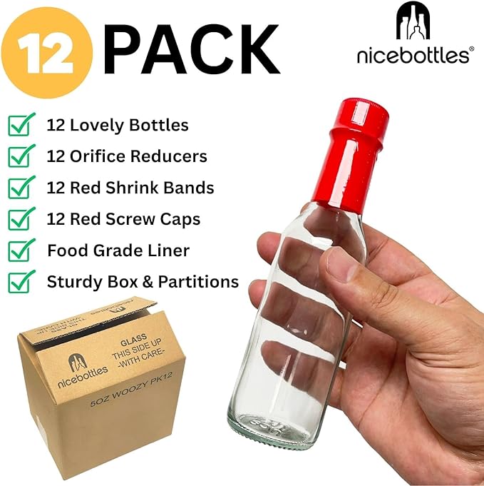 Hot Sauce Bottles with Shrink Bands, 5 Oz (Red Caps, 12 Pack)