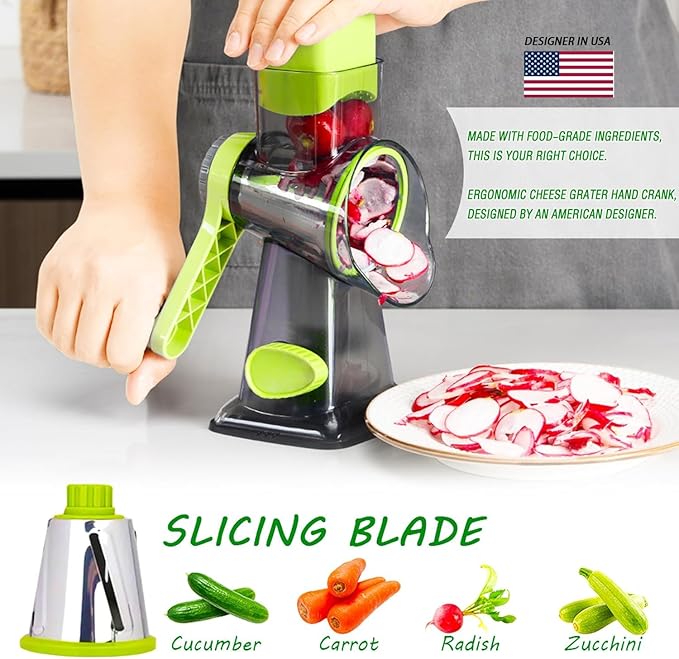 Cheese Grater with Handle, Multifunctional Manual Rotary Cheese Grater - Cheese Shredder Easily Chop Carrots, Potatoes, Vegetables and Fruits and Easy to Clean(Grey green)