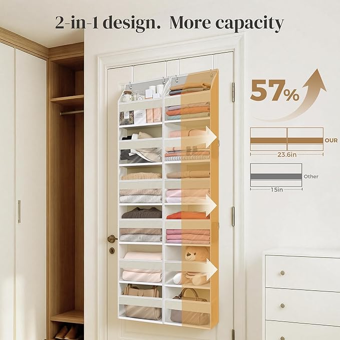 2-Pack Small 6 Tiers Over the Door Hanging Organizer, 6 Clear Pockets and 6 Mesh Pockets, 11.8” Wide for Narrow Cabinet Doors, French Doors in the Bathroom, Closet, RV