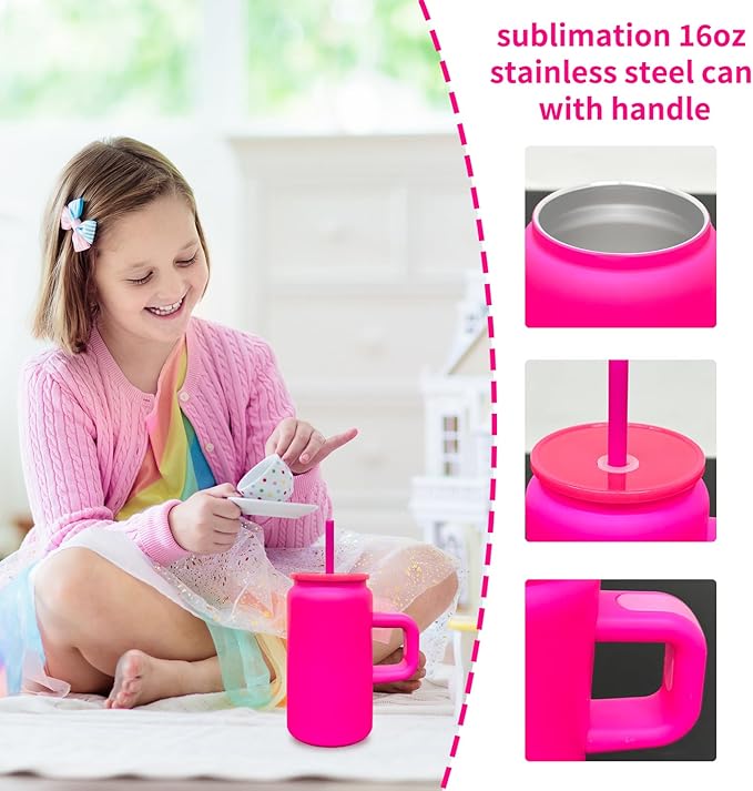 8 Pack 16 oz Sublimation Tumblers with Handle and Straw for Kids, Stainless Steel Sublimation Tumblers Bulk with Lids, Vacuum Insulated Iced Coffee Cups for DIY Craft Heat Press Print (Rosy,8 pack)